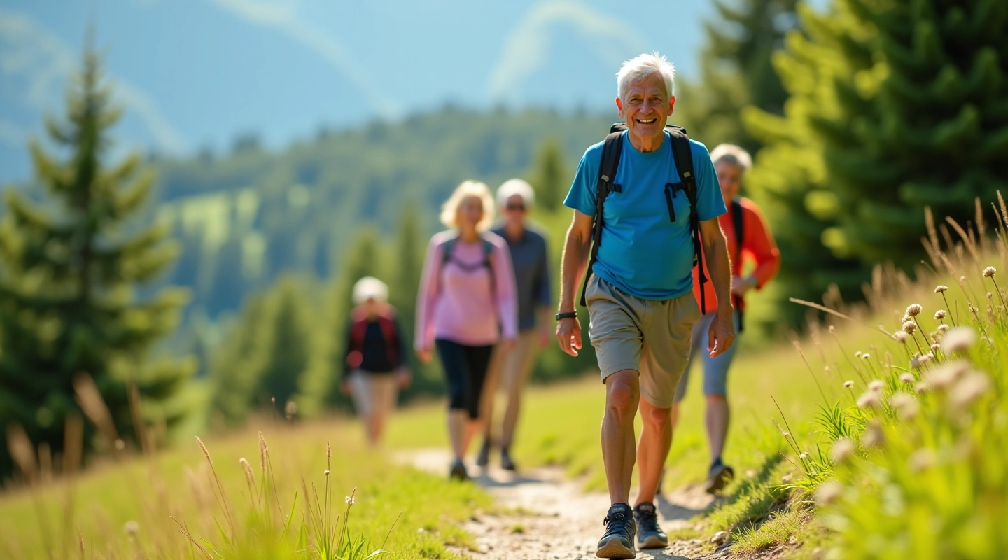 Grupa aktywnych seniorów na pięknym szlaku w lesie