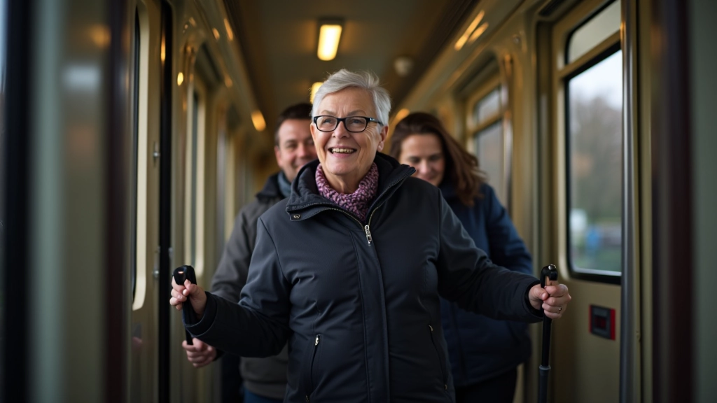 Seniorka wchodzi do wagonika pociągu z bagażem, pomocnik asystuje